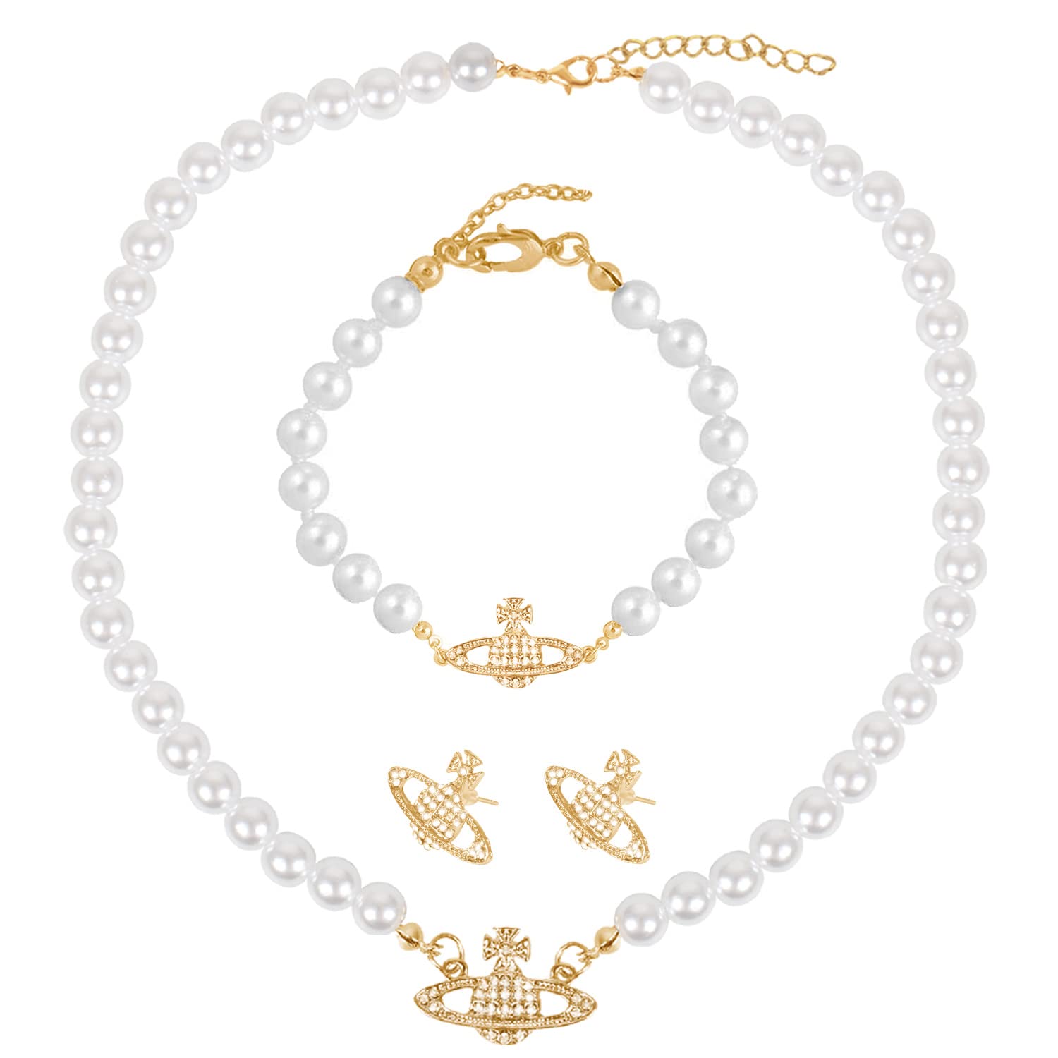 SANNIDHI Women Pearl Necklace Jewelries Set of 3Pcs Pearl Necklace Pairing Bracelet Rhinestone Earstuds Jewelry Set for Women Faux Pearl Bracelet Necklace Birthday Gift Christmas Gift for Women SANNIDHI Women Pearl Necklace Jewelries Set of 3Pcs Pearl Necklace Pairing Bracelet Rhinestone Earstuds Jewelry Set for Women Faux Pearl Bracelet Necklace Birthday Gift Christmas Gift for Women